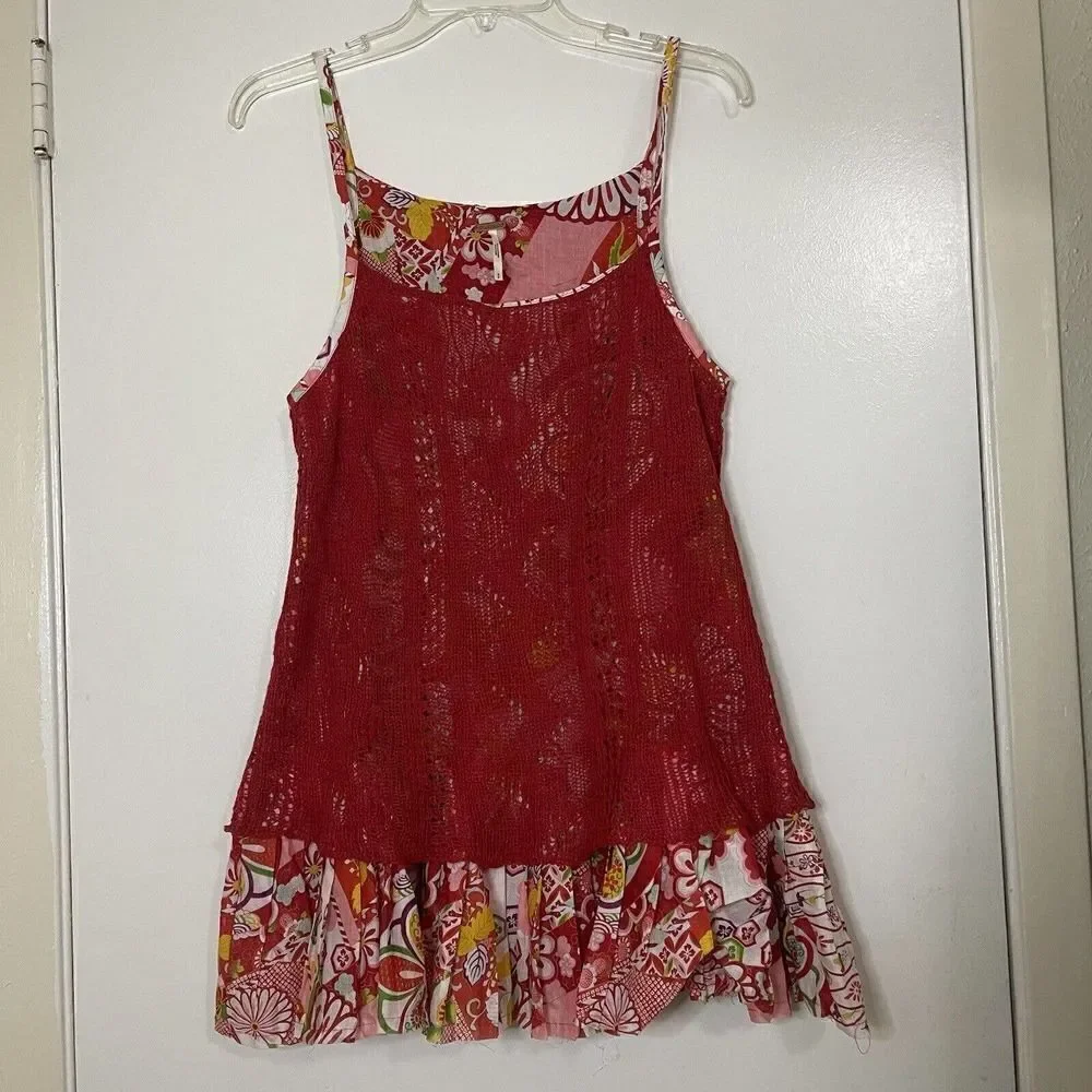 FREE PEOPLE red knit floral pleated tunic short dress size Small